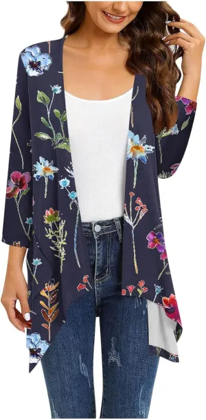 Floral Print Cardigans for Women 3/4 Sleeve Lightweight Cardigan Casual Loose Fit Open Front Drape Drape with Pocket