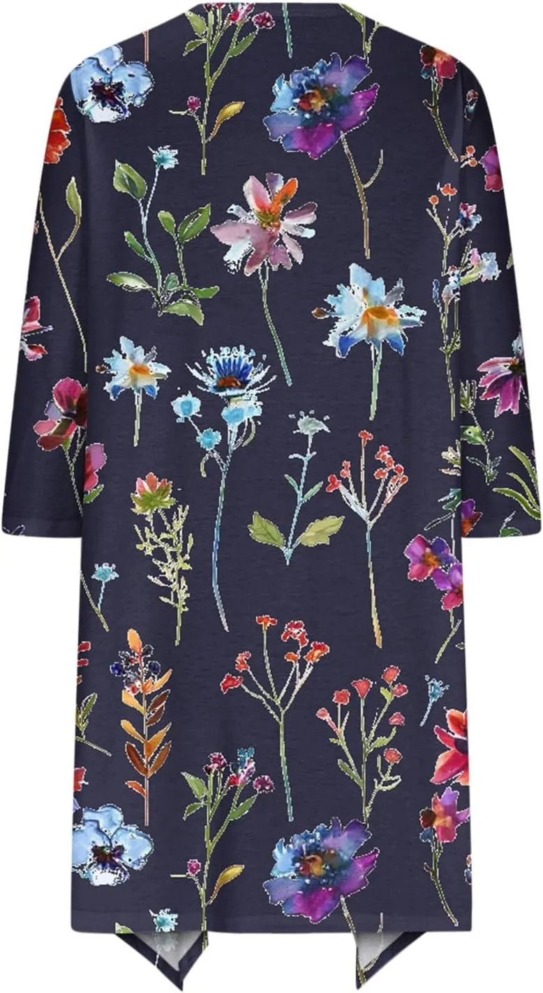Floral Print Cardigans for Women 3/4 Sleeve Lightweight Cardigan Casual Loose Fit Open Front Drape Drape with Pocket