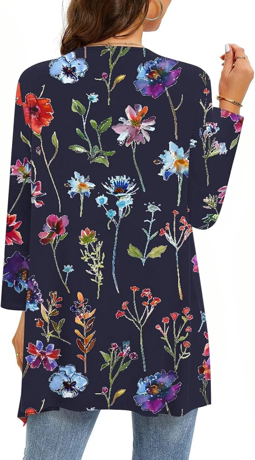 Floral Print Cardigans for Women 3/4 Sleeve Lightweight Cardigan Casual Loose Fit Open Front Drape Drape with Pocket