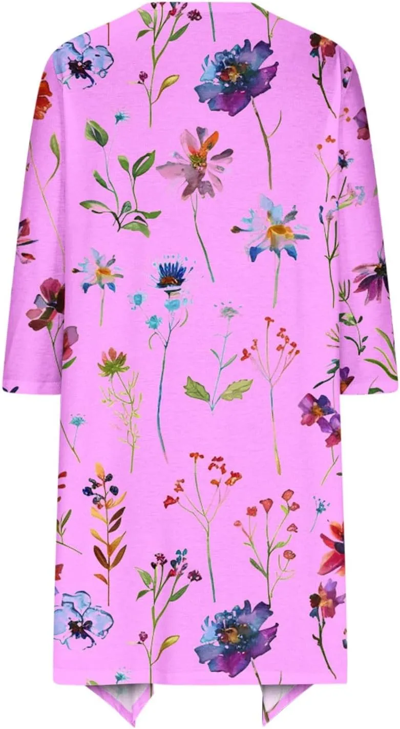 Floral Print Cardigans for Women 3/4 Sleeve Lightweight Cardigan Casual Loose Fit Open Front Drape Drape with Pocket