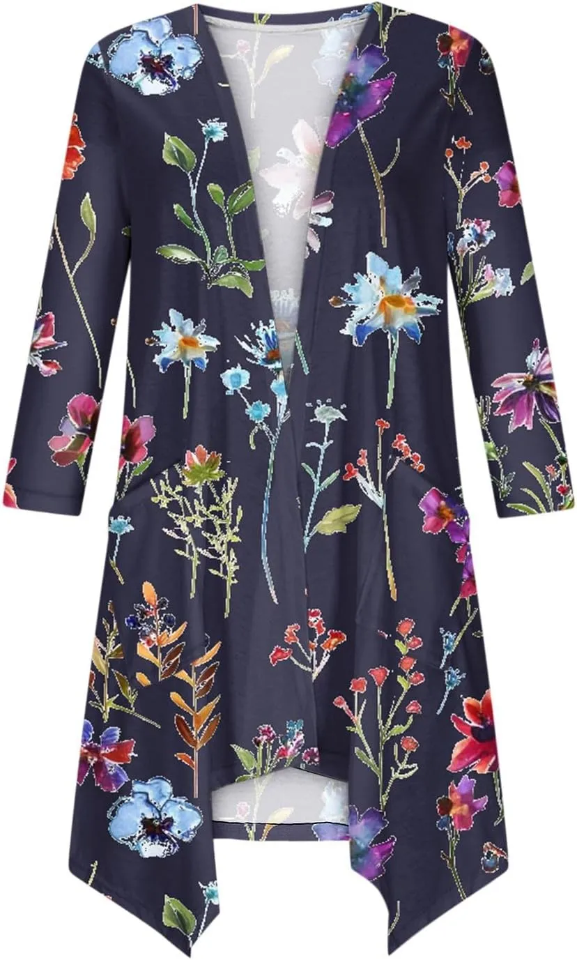 Floral Print Cardigans for Women 3/4 Sleeve Lightweight Cardigan Casual Loose Fit Open Front Drape Drape with Pocket
