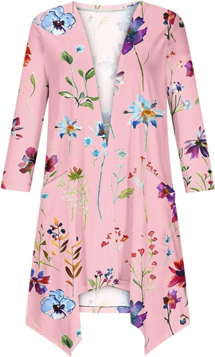 Floral Print Cardigans for Women 3/4 Sleeve Lightweight Cardigan Casual Loose Fit Open Front Drape Drape with Pocket