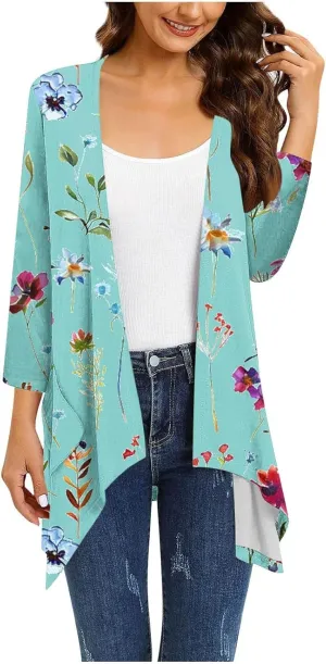 Floral Print Cardigans for Women 3/4 Sleeve Lightweight Cardigan Casual Loose Fit Open Front Drape Drape with Pocket