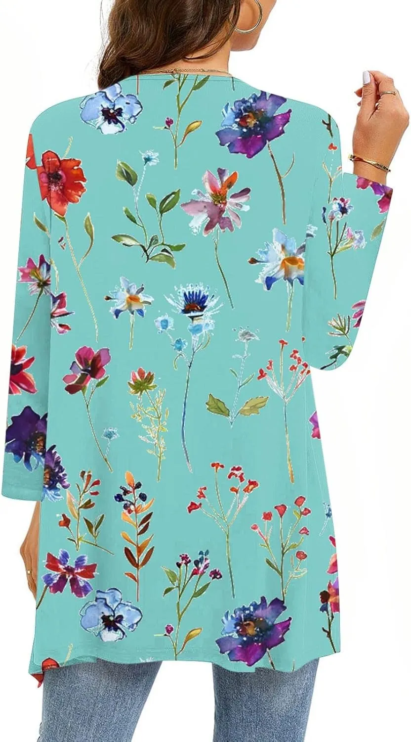 Floral Print Cardigans for Women 3/4 Sleeve Lightweight Cardigan Casual Loose Fit Open Front Drape Drape with Pocket