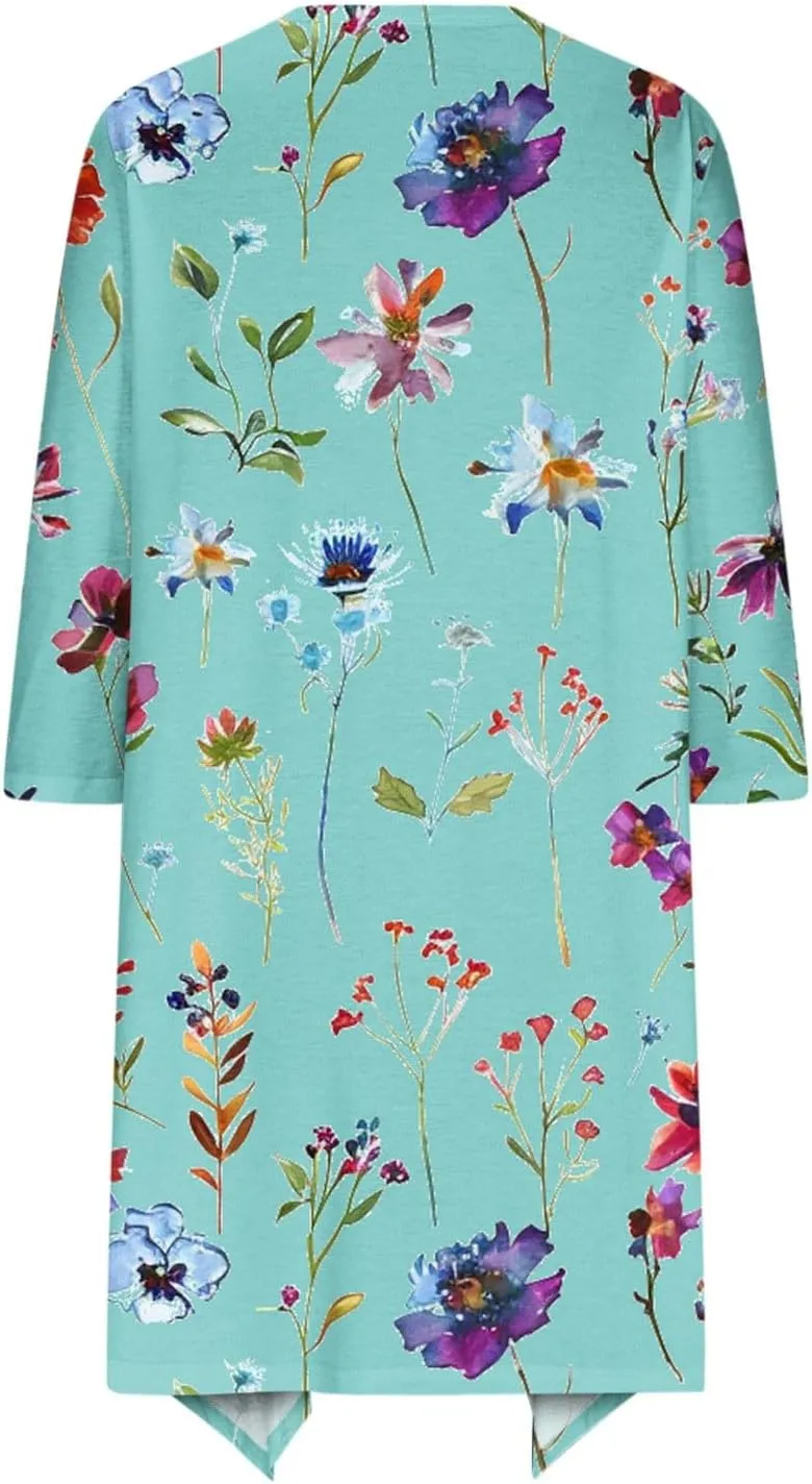 Floral Print Cardigans for Women 3/4 Sleeve Lightweight Cardigan Casual Loose Fit Open Front Drape Drape with Pocket