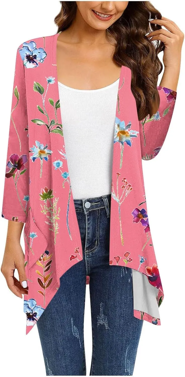 Floral Print Cardigans for Women 3/4 Sleeve Lightweight Cardigan Casual Loose Fit Open Front Drape Drape with Pocket