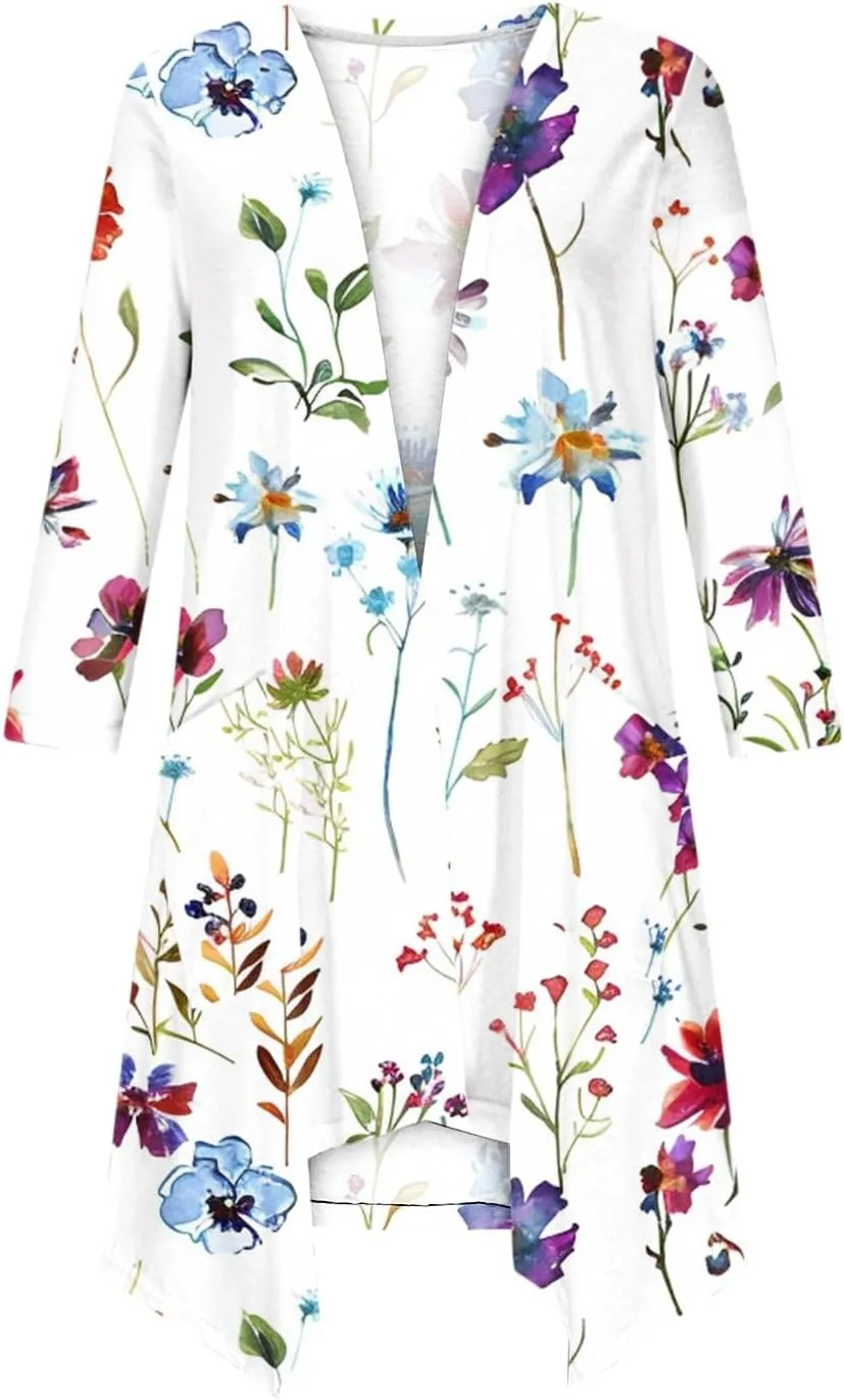 Floral Print Cardigans for Women 3/4 Sleeve Lightweight Cardigan Casual Loose Fit Open Front Drape Drape with Pocket