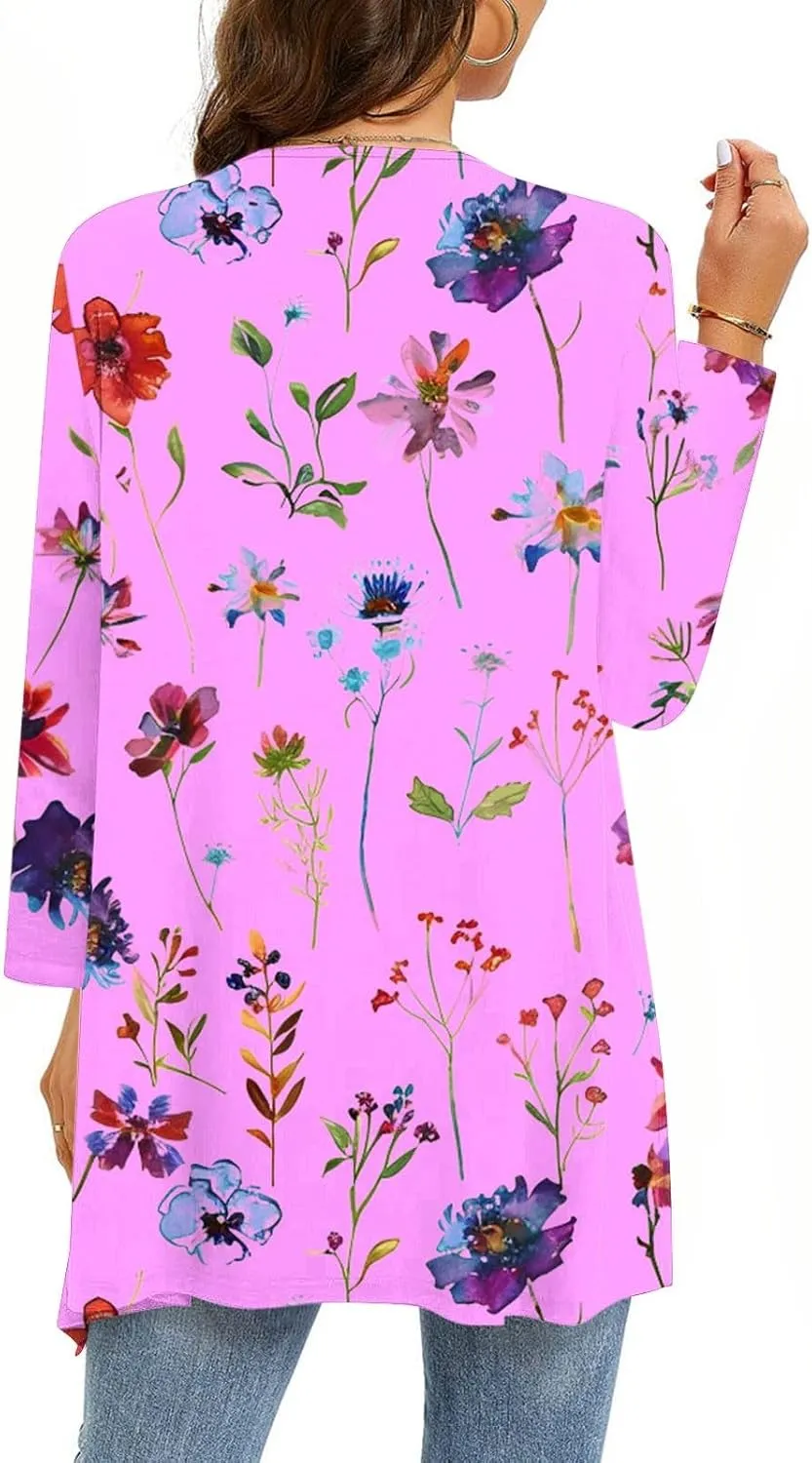 Floral Print Cardigans for Women 3/4 Sleeve Lightweight Cardigan Casual Loose Fit Open Front Drape Drape with Pocket