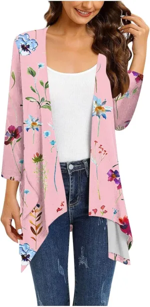 Floral Print Cardigans for Women 3/4 Sleeve Lightweight Cardigan Casual Loose Fit Open Front Drape Drape with Pocket