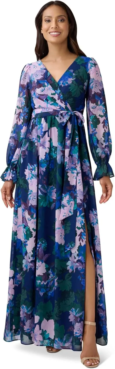 Floral-Print Long Shirred Chiffon Gown In Navy Multi