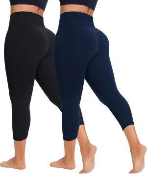 FULLSOFT 2 Pack Capri Leggings for Women-High Waist Tummy Control Non See Through Leggings Workout Pants