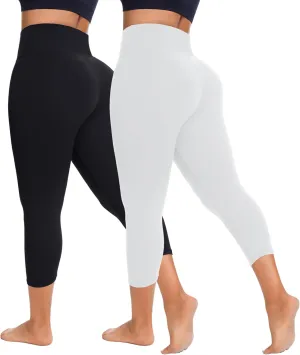 FULLSOFT 2 Pack Capri Leggings for Women-High Waist Tummy Control Non See Through Leggings Workout Pants