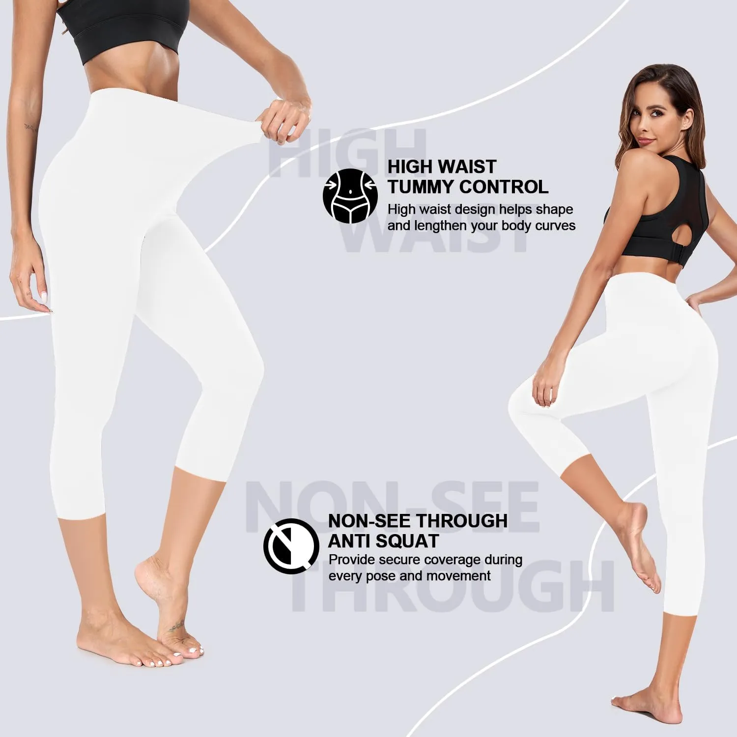 FULLSOFT 2 Pack Capri Leggings for Women-High Waist Tummy Control Non See Through Leggings Workout Pants