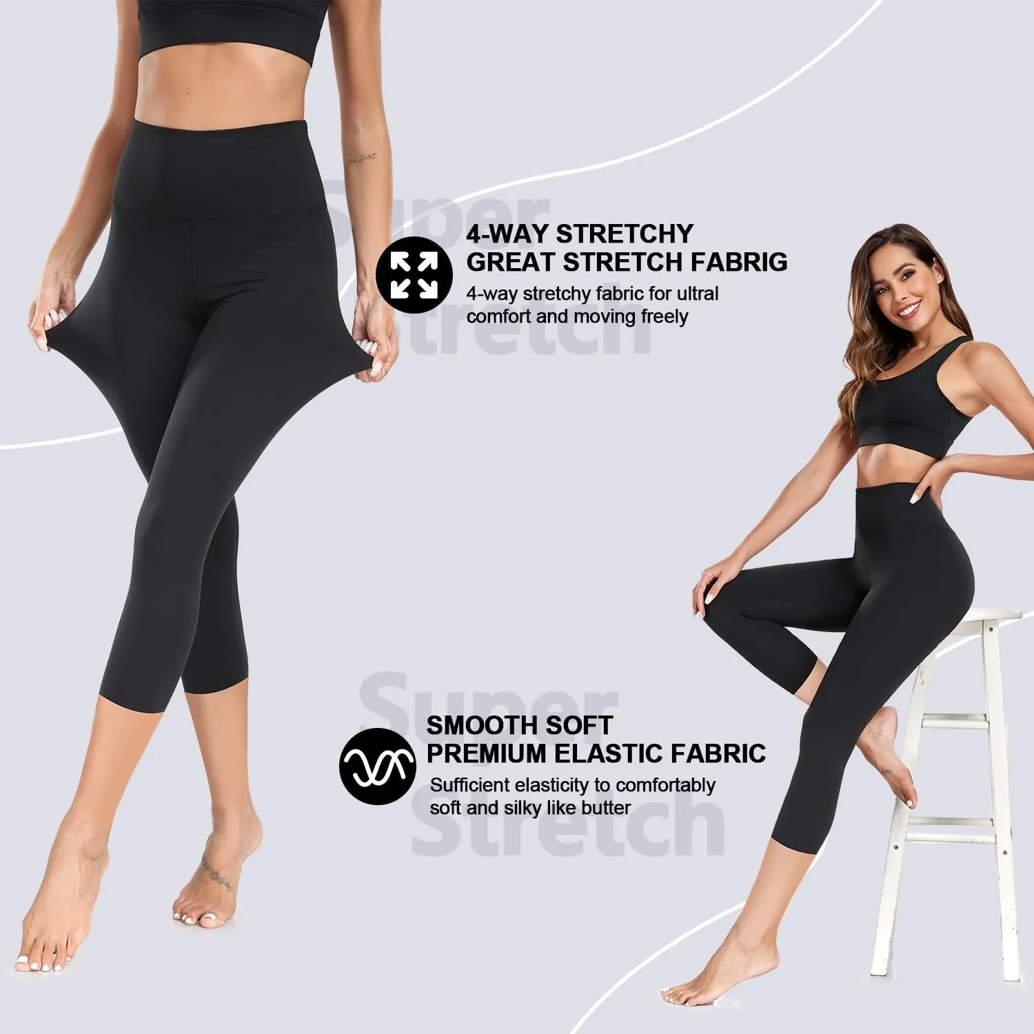FULLSOFT 2 Pack Capri Leggings for Women-High Waist Tummy Control Non See Through Leggings Workout Pants