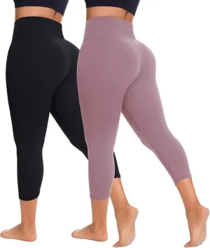 FULLSOFT 2 Pack Capri Leggings for Women-High Waist Tummy Control Non See Through Leggings Workout Pants