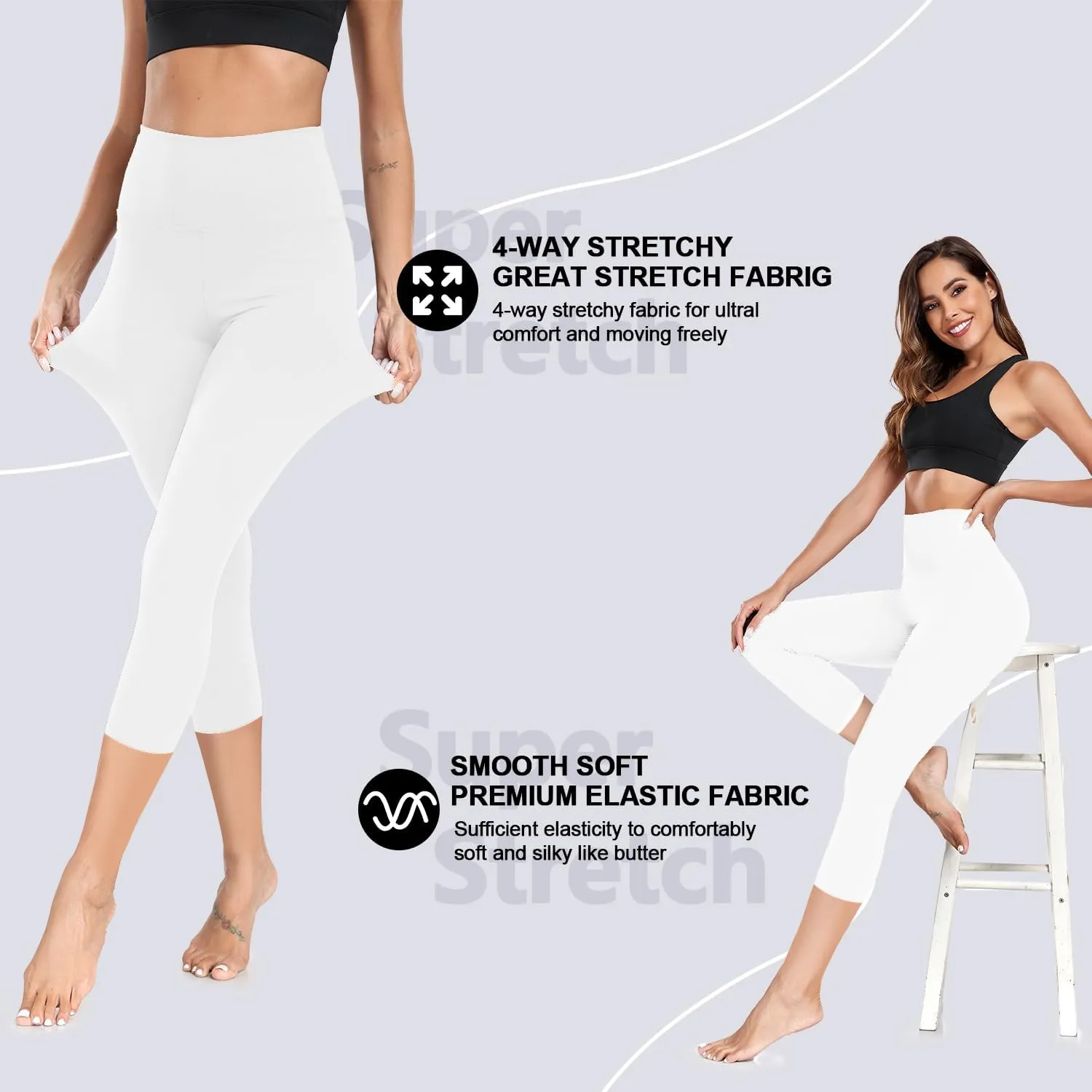 FULLSOFT 2 Pack Capri Leggings for Women-High Waist Tummy Control Non See Through Leggings Workout Pants