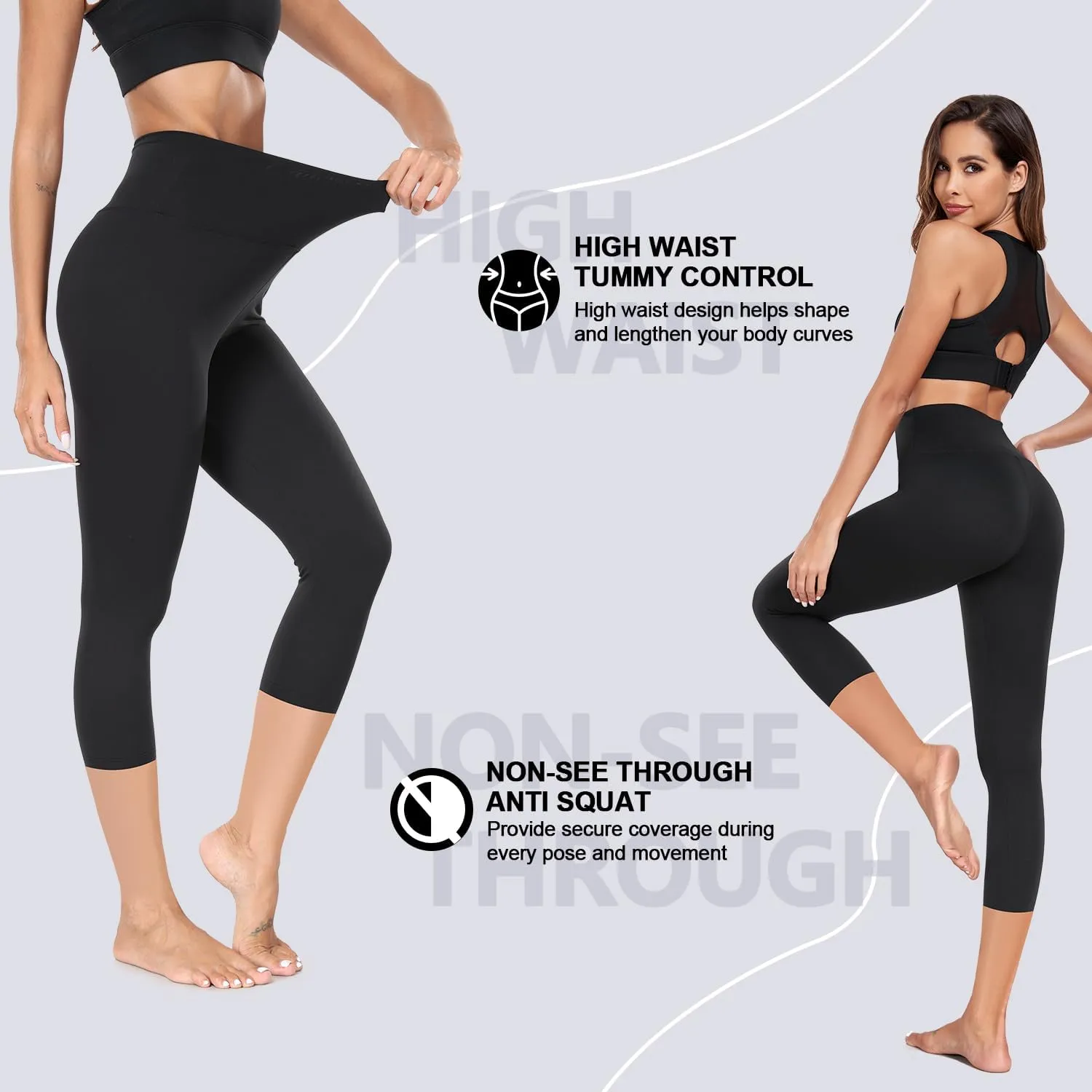 FULLSOFT 2 Pack Capri Leggings for Women-High Waist Tummy Control Non See Through Leggings Workout Pants
