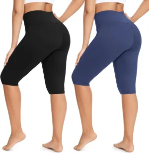 FULLSOFT 2 Pack Women's Knee-Length Leggings -High Waist Capri Biker Shorts -Workout Casual Summer Yoga Leggings