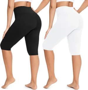 FULLSOFT 2 Pack Women's Knee-Length Leggings -High Waist Capri Biker Shorts -Workout Casual Summer Yoga Leggings