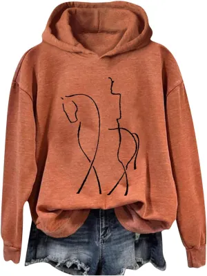 Funny Abstract Horse Print Hoodies Women Oversized Casual Fleece Sweatshirt Cute Knight Graphic Hooded Pullover Tops