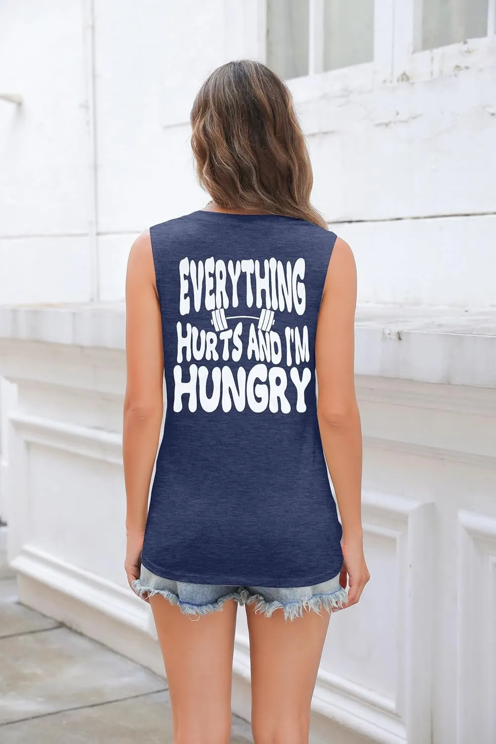 Funny Workout Shirt Women Gym Weightlifting Graphic Tank Everything Hurts and I'm Hungry Sleeveless Tshirt Tops