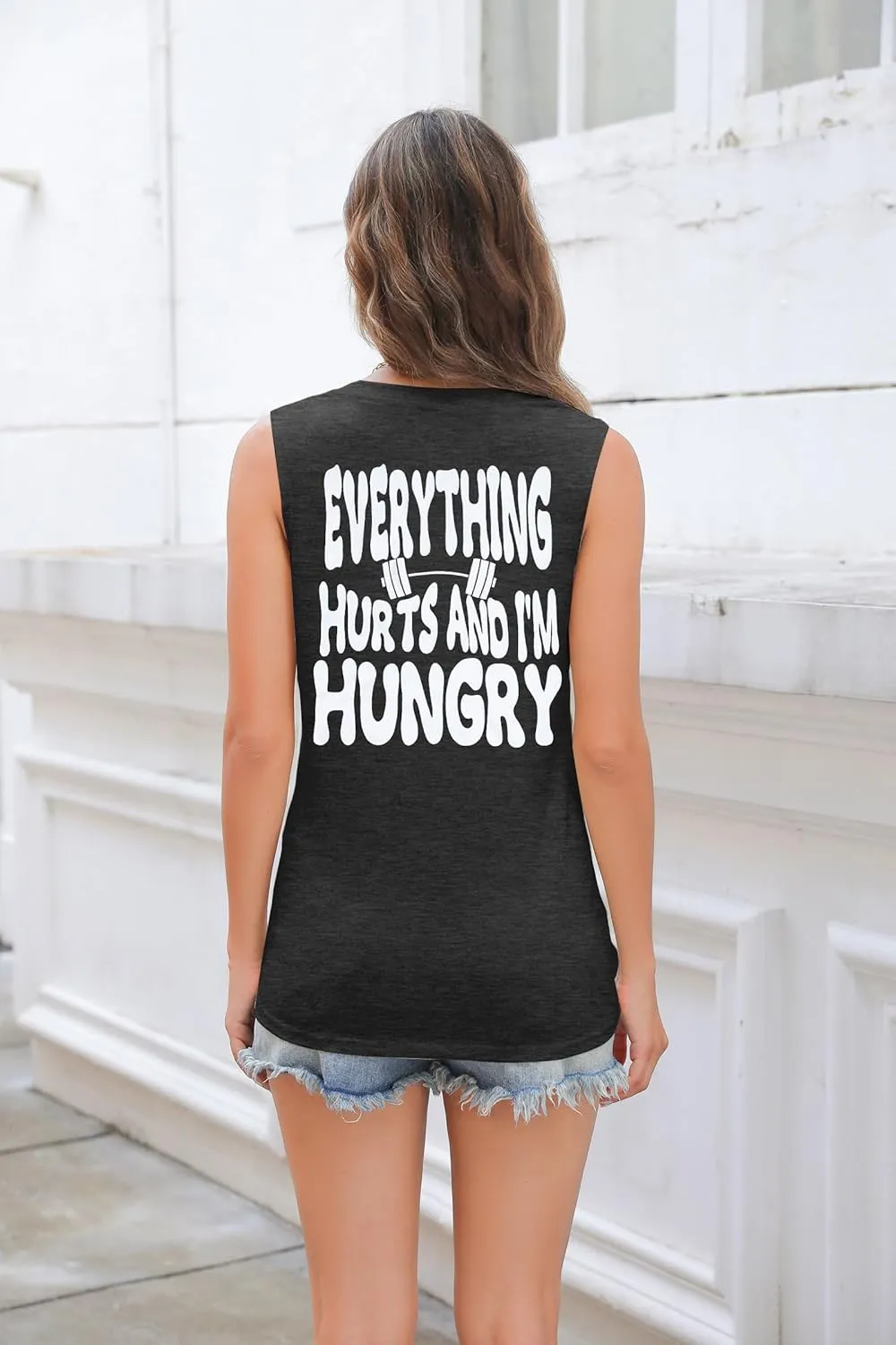 Funny Workout Shirt Women Gym Weightlifting Graphic Tank Everything Hurts and I'm Hungry Sleeveless Tshirt Tops