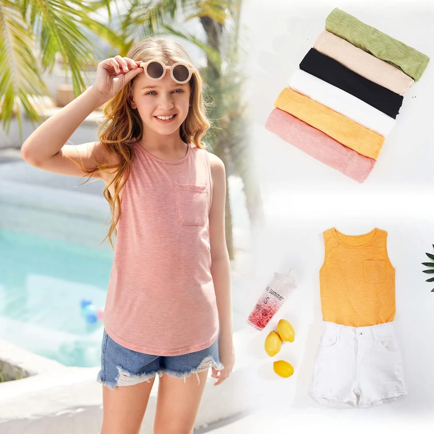 Girl's Crewneck Racerback Basic Tank Tops Sleeveless Casual Dance Top with Pocket