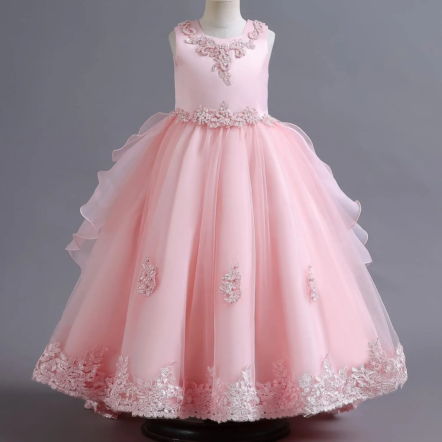 Girls Princess Tulle Lace Flower Pageant Dress Puffy Floor Length Wedding Bridesmaid Dress Party Tutu Maxi Gown