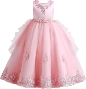 Girls Princess Tulle Lace Flower Pageant Dress Puffy Floor Length Wedding Bridesmaid Dress Party Tutu Maxi Gown