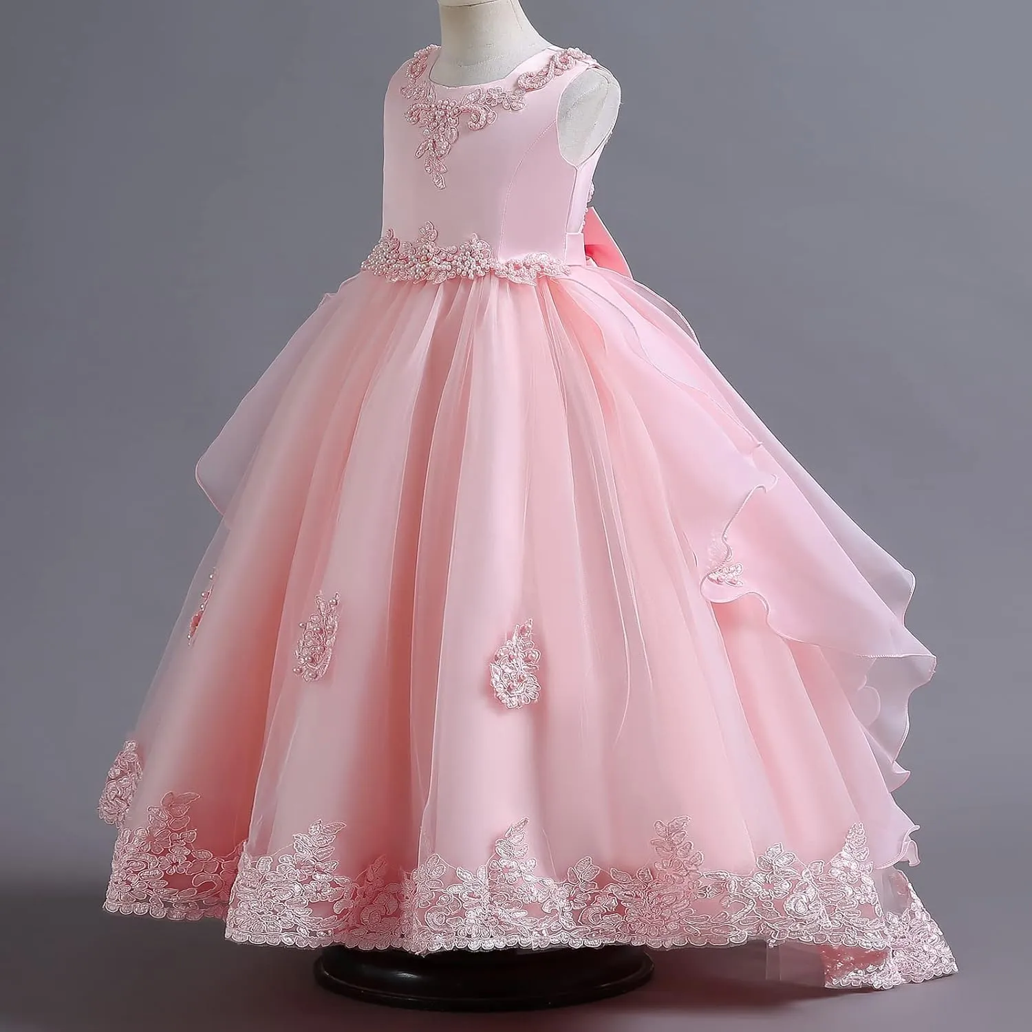 Girls Princess Tulle Lace Flower Pageant Dress Puffy Floor Length Wedding Bridesmaid Dress Party Tutu Maxi Gown