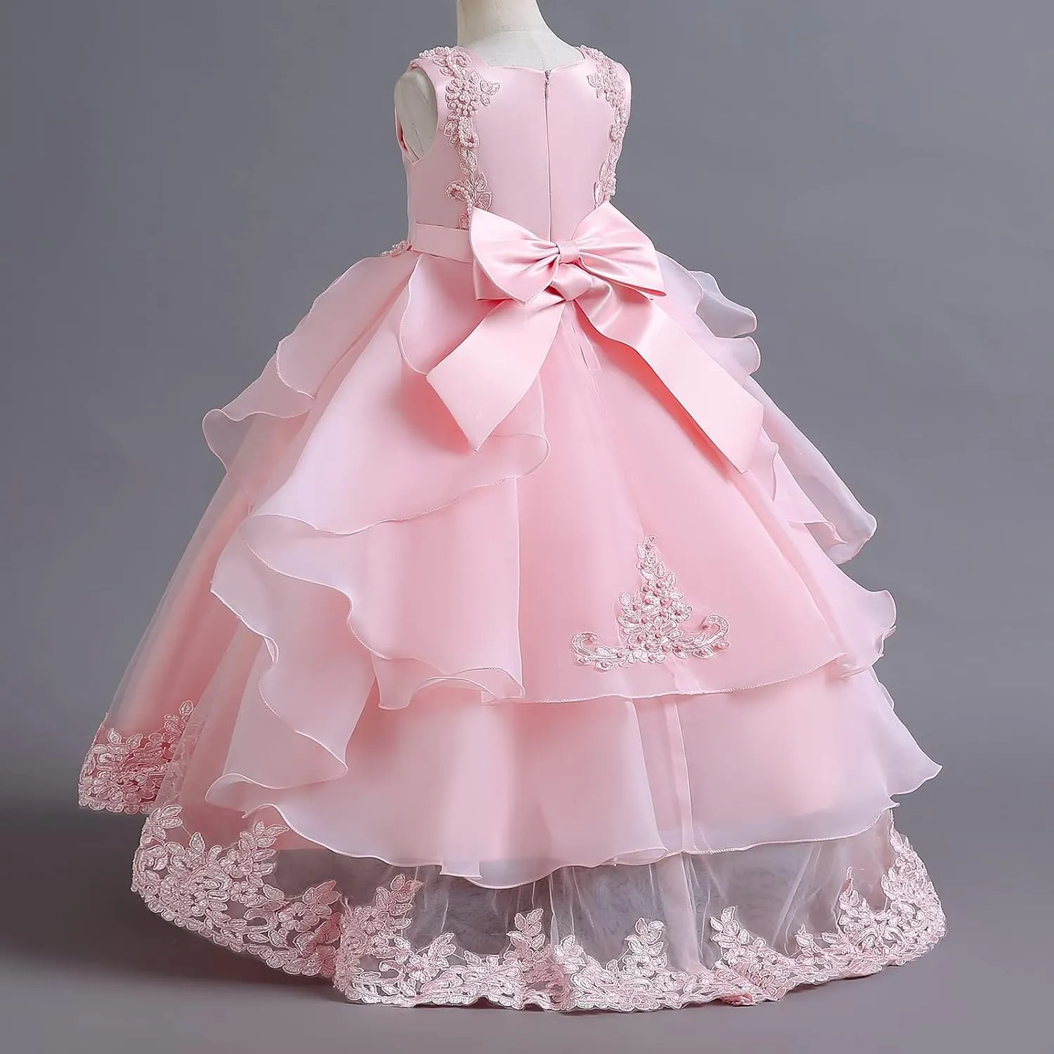 Girls Princess Tulle Lace Flower Pageant Dress Puffy Floor Length Wedding Bridesmaid Dress Party Tutu Maxi Gown