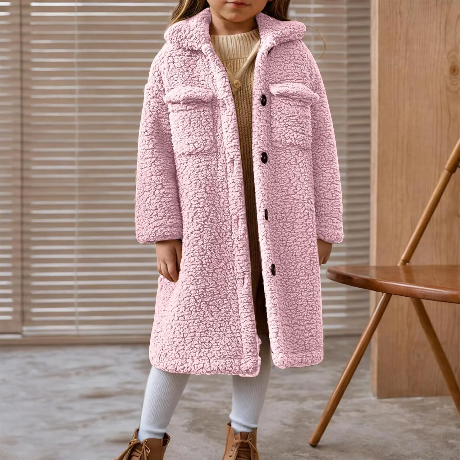 Girls Winter Long Coat Thick Warm Sherpa Teddy Jacket Casual Button Down Fleece Overcoat Faux Fur Outwear 3-12 Years
