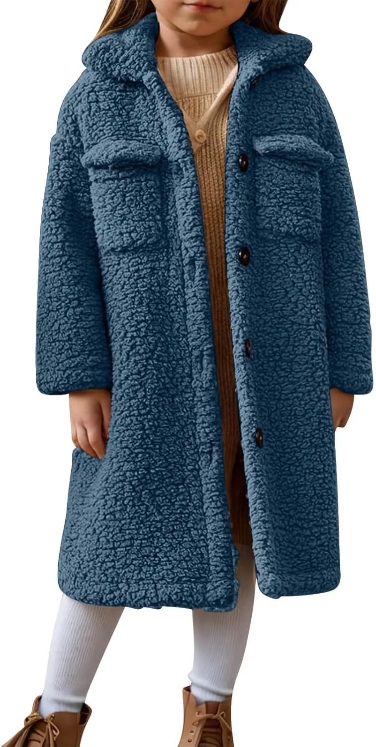 Girls Winter Long Coat Thick Warm Sherpa Teddy Jacket Casual Button Down Fleece Overcoat Faux Fur Outwear 3-12 Years
