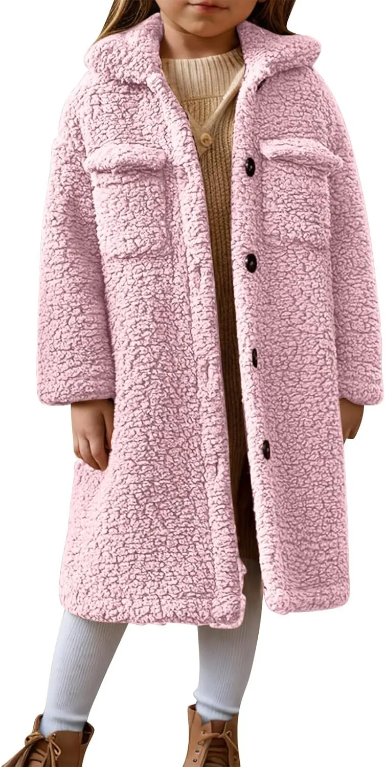 Girls Winter Long Coat Thick Warm Sherpa Teddy Jacket Casual Button Down Fleece Overcoat Faux Fur Outwear 3-12 Years