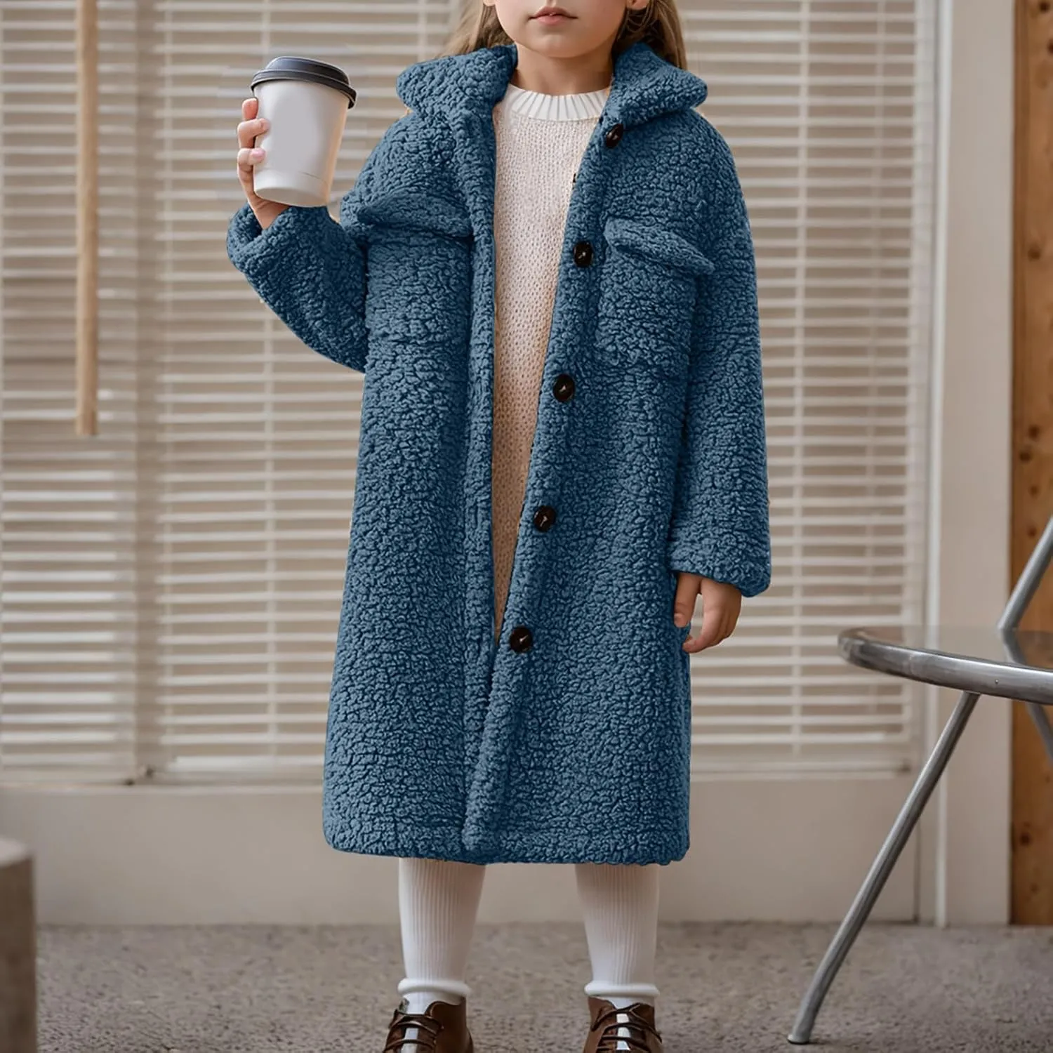 Girls Winter Long Coat Thick Warm Sherpa Teddy Jacket Casual Button Down Fleece Overcoat Faux Fur Outwear 3-12 Years