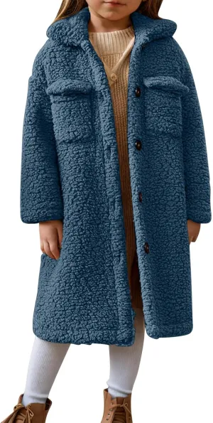 Girls Winter Long Coat Thick Warm Sherpa Teddy Jacket Casual Button Down Fleece Overcoat Faux Fur Outwear 3-12 Years