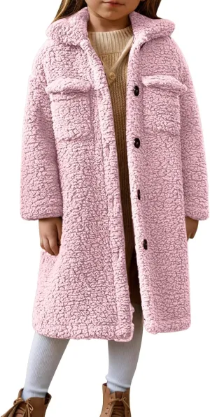 Girls Winter Long Coat Thick Warm Sherpa Teddy Jacket Casual Button Down Fleece Overcoat Faux Fur Outwear 3-12 Years