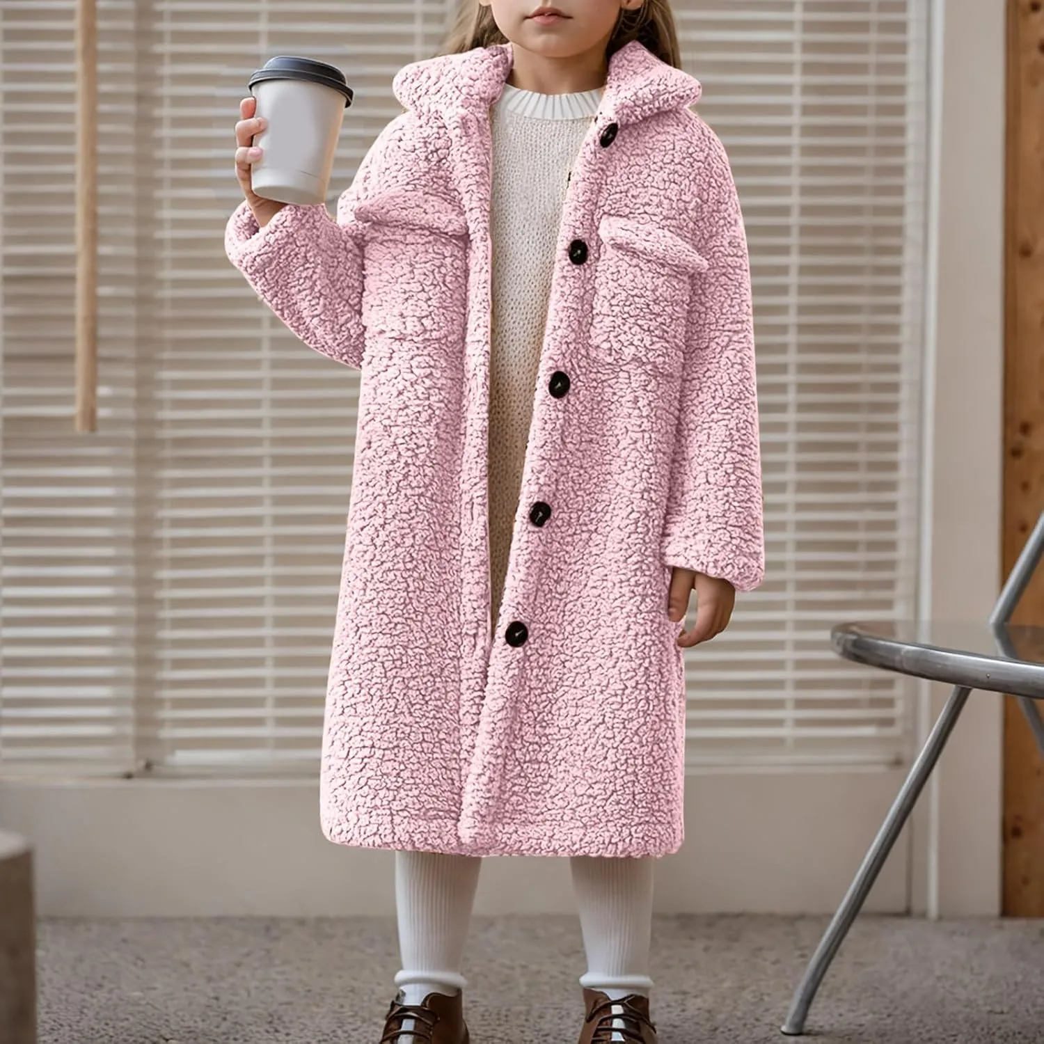 Girls Winter Long Coat Thick Warm Sherpa Teddy Jacket Casual Button Down Fleece Overcoat Faux Fur Outwear 3-12 Years