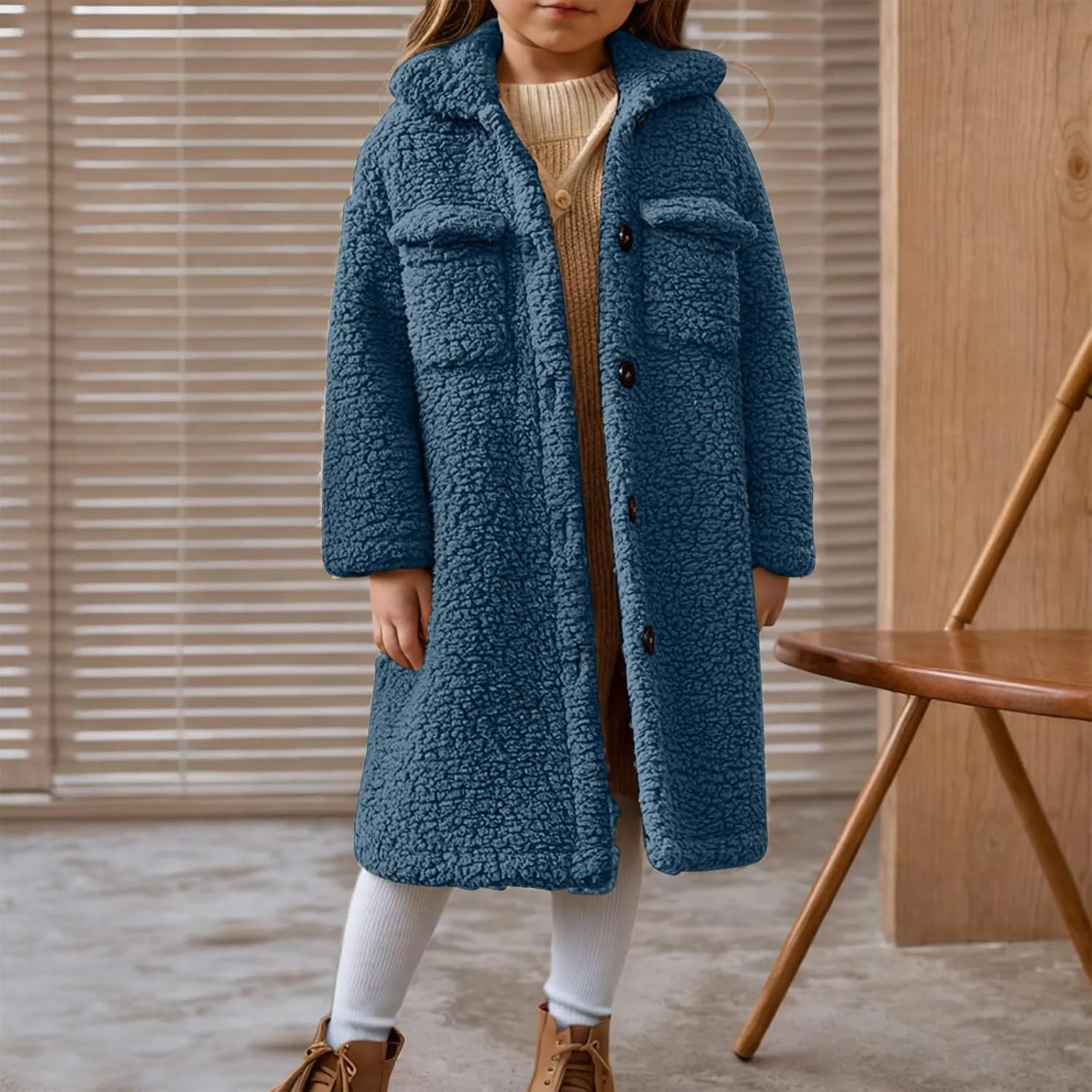 Girls Winter Long Coat Thick Warm Sherpa Teddy Jacket Casual Button Down Fleece Overcoat Faux Fur Outwear 3-12 Years