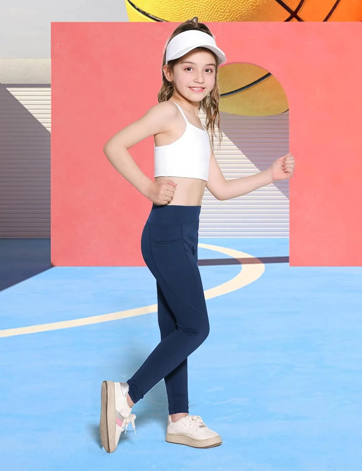 Girls Yoga Leggings Running Girl Athletic Leggings with Pocket High Waist Dance Workout Yoga Pants 5-14Y