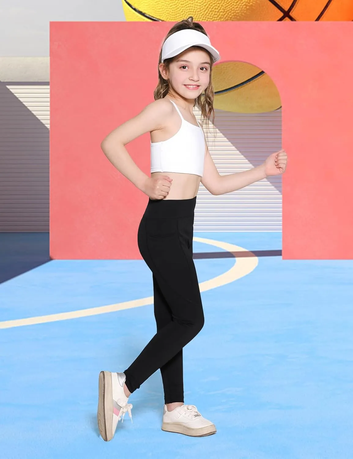 Girls Yoga Leggings Running Girl Athletic Leggings with Pocket High Waist Dance Workout Yoga Pants 5-14Y