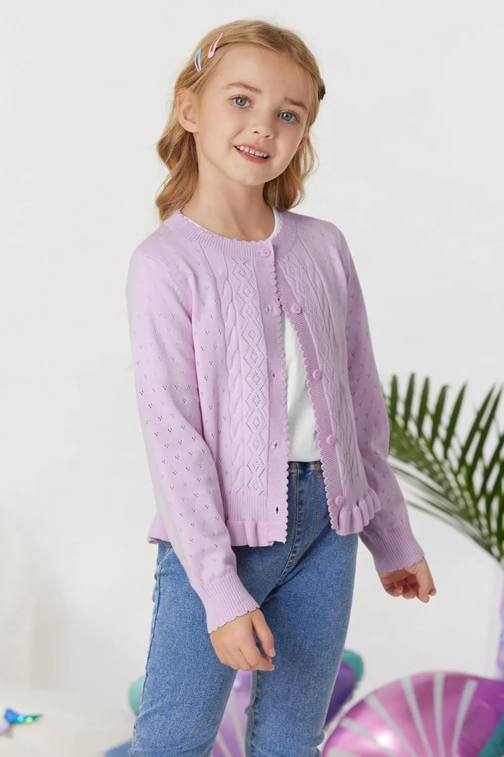 GRACE KARIN Girls Long Sleeve Cardigan Sweater Girls Button Closure Knitted Cable Cardigan 5-12Y
