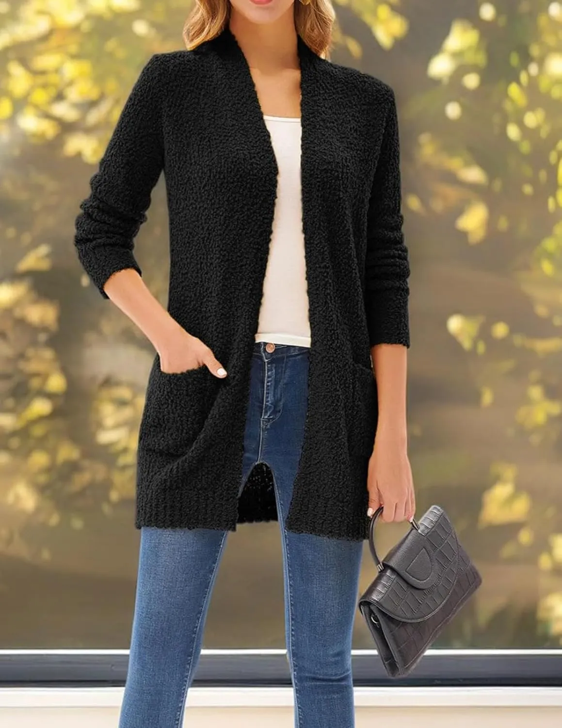 GRACE KARIN Long Cardigan for Women Fuzzy Cardigan Sweater Open Front Chunky Knit Sweater Coat with Pocket
