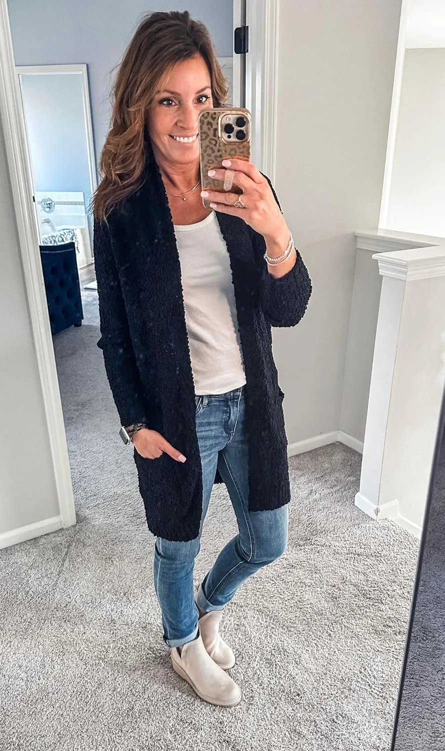 GRACE KARIN Long Cardigan for Women Fuzzy Cardigan Sweater Open Front Chunky Knit Sweater Coat with Pocket