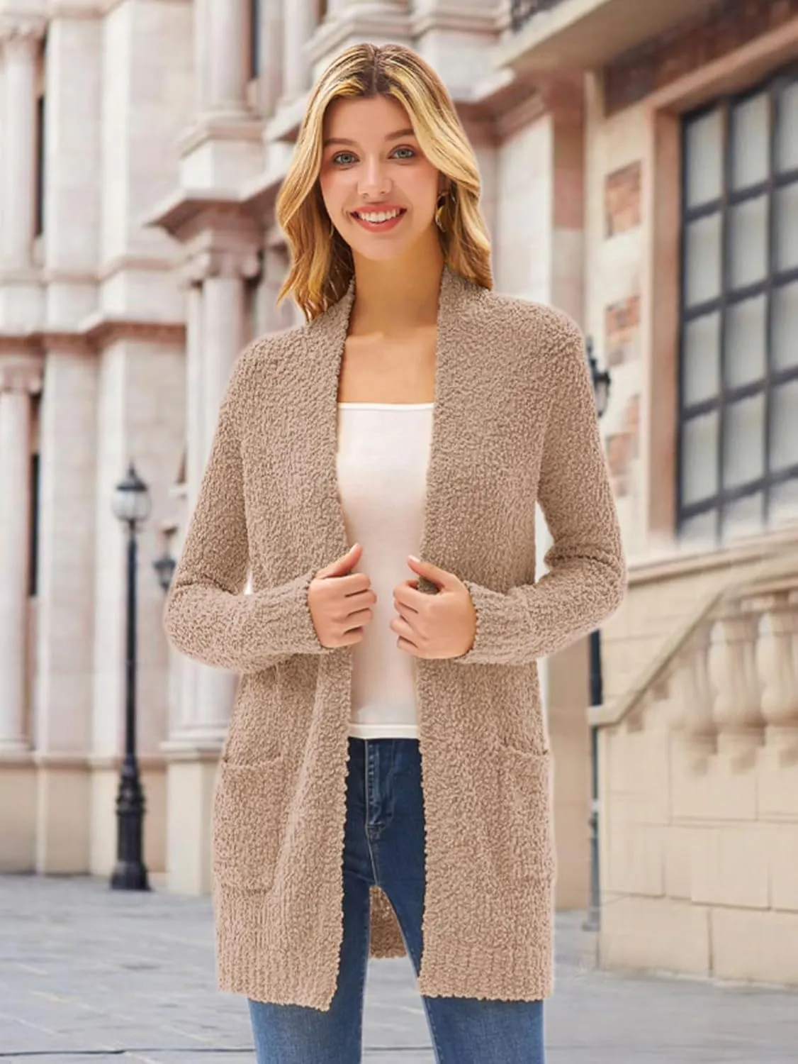 GRACE KARIN Long Cardigan for Women Fuzzy Cardigan Sweater Open Front Chunky Knit Sweater Coat with Pocket