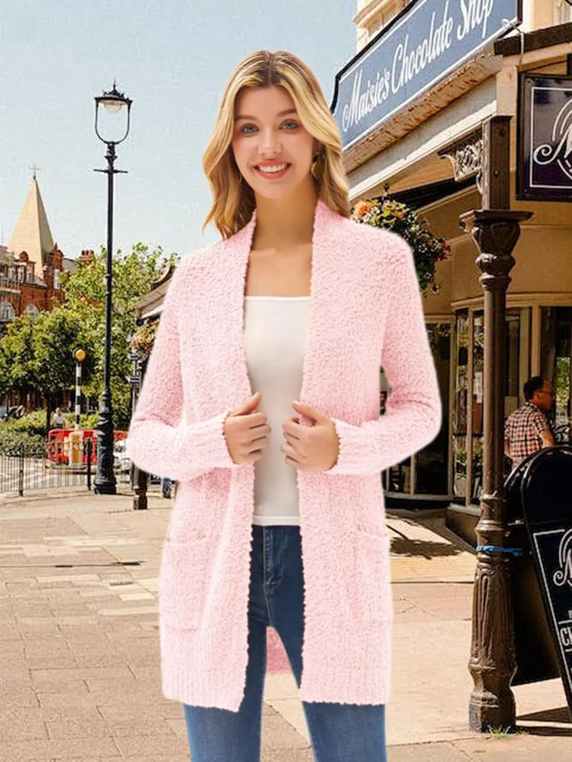 GRACE KARIN Long Cardigan for Women Fuzzy Cardigan Sweater Open Front Chunky Knit Sweater Coat with Pocket