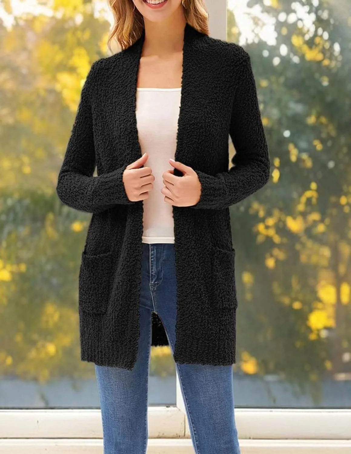 GRACE KARIN Long Cardigan for Women Fuzzy Cardigan Sweater Open Front Chunky Knit Sweater Coat with Pocket