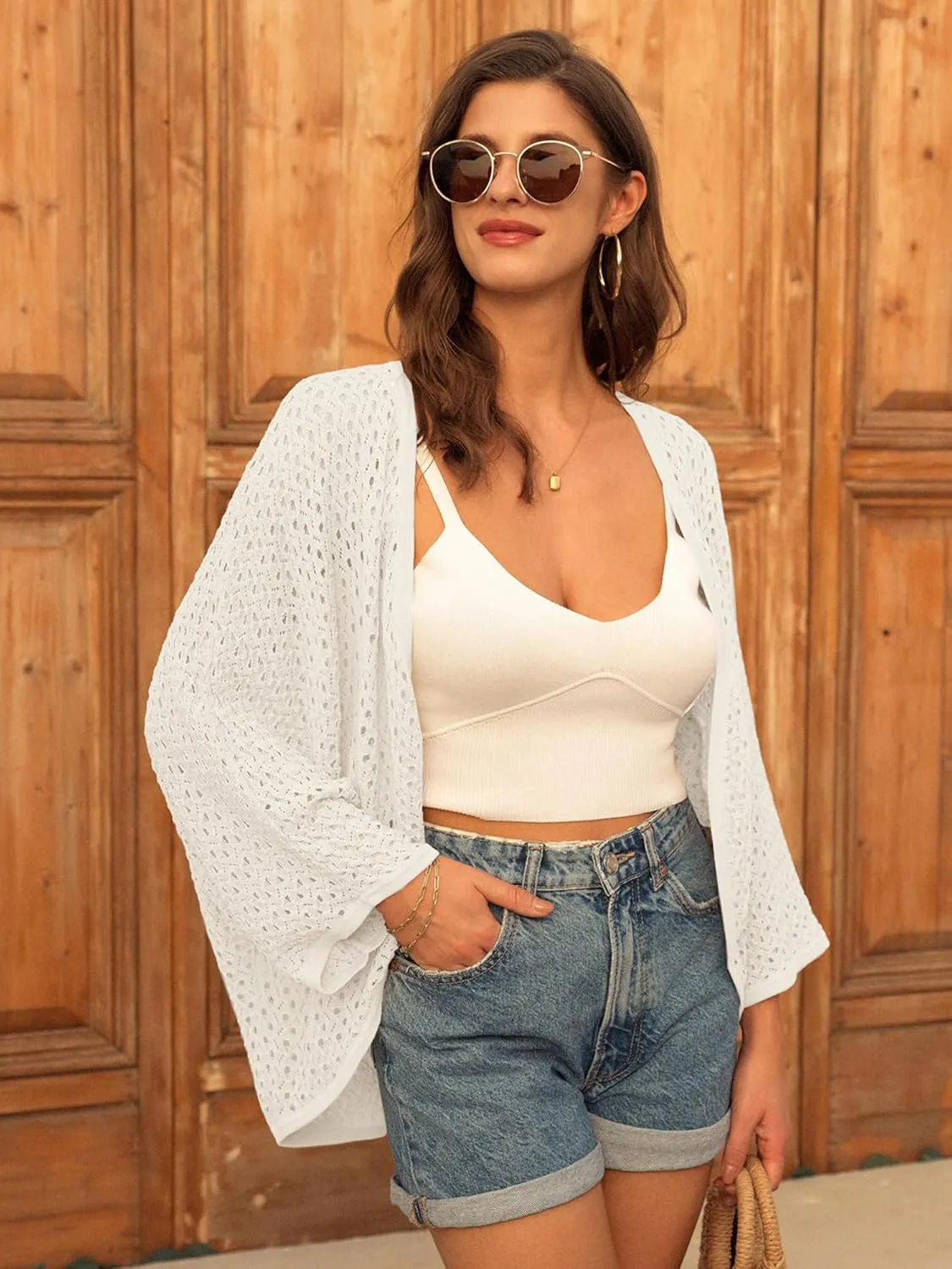 GRACE KARIN Open Front 3/4 Sleeve Batwing Cardigan for Women Lightweight Crochet Summer Cardigan Hollow-Out Cover Ups