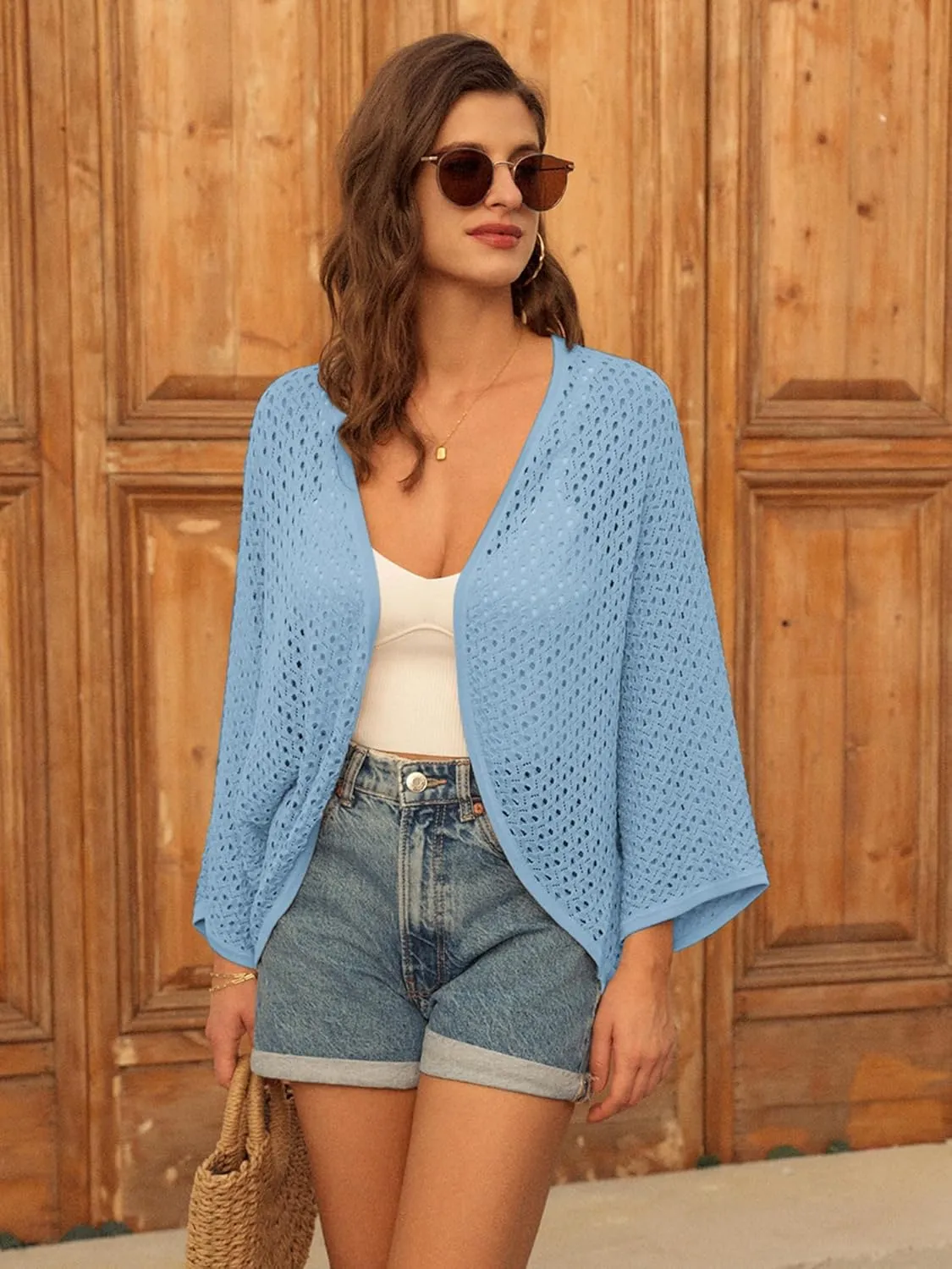 GRACE KARIN Open Front 3/4 Sleeve Batwing Cardigan for Women Lightweight Crochet Summer Cardigan Hollow-Out Cover Ups