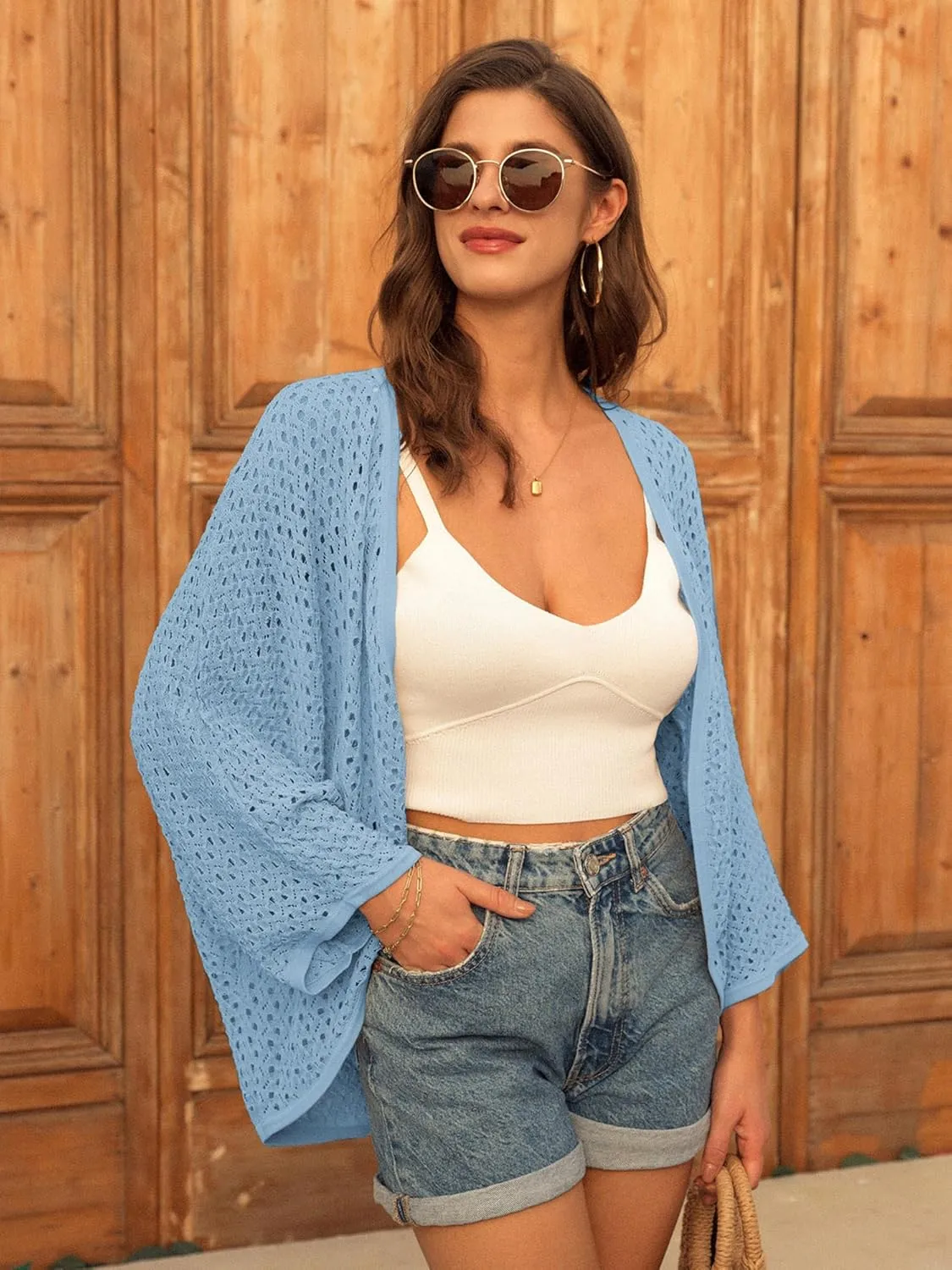 GRACE KARIN Open Front 3/4 Sleeve Batwing Cardigan for Women Lightweight Crochet Summer Cardigan Hollow-Out Cover Ups
